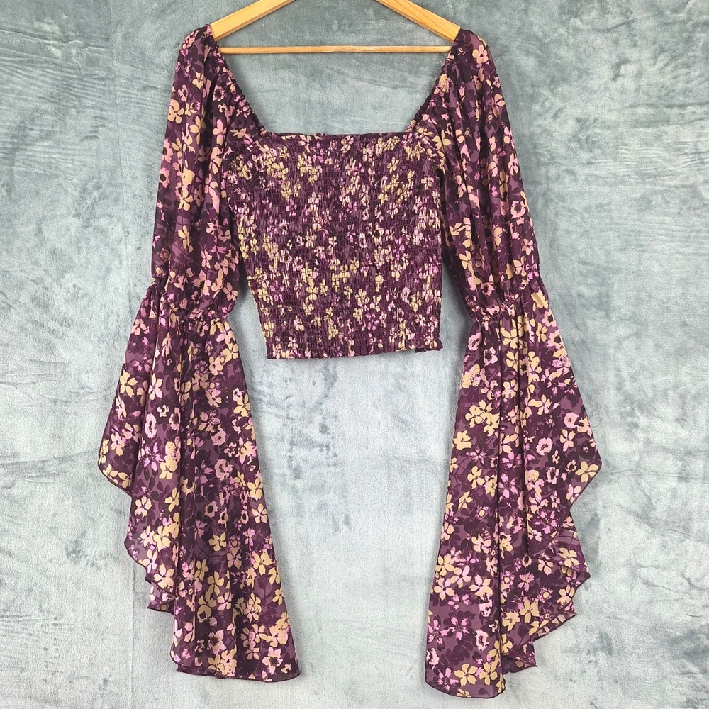 Womens Top Medium Purple Boho‎ Romantic Floral Crop Fairy Coquette Flare Sleeve